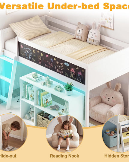 Lit mezzanine bas Giantex pour lit jumeau avec lumières LED, bibliothèque amovible et espace de rangement sous le lit