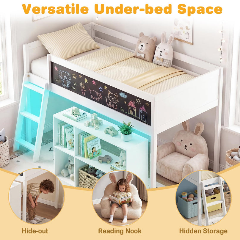 Lit mezzanine bas Giantex pour lit jumeau avec lumières LED, bibliothèque amovible et espace de rangement sous le lit