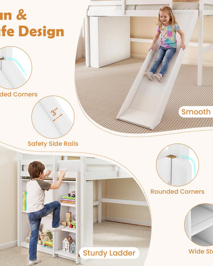 GIANTEX Twin Size Loft Bed with Slide Ladder Storage Shelves for Kids