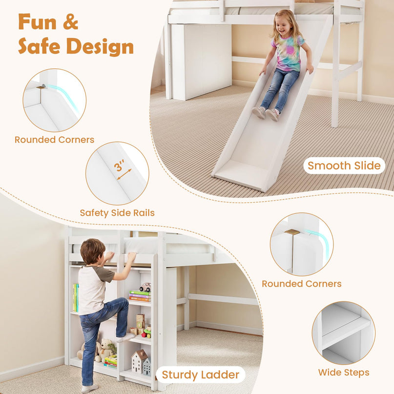 GIANTEX Twin Size Loft Bed with Slide Ladder Storage Shelves for Kids