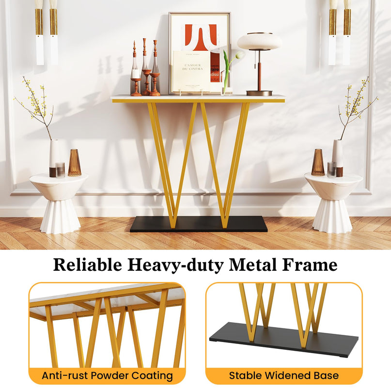 Console étroite dorée Giantex 100 cm avec plateau aspect marbre et base en métal robuste