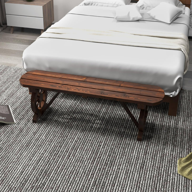 Giantex 2-Person Wooden Outdoor Bench - Patio Bench w/Wagon Wheel Legs