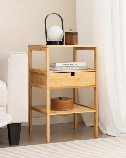 Giantex Nightstand Set of 1/2, Bamboo End Table with Drawer and 2 Open Shelves