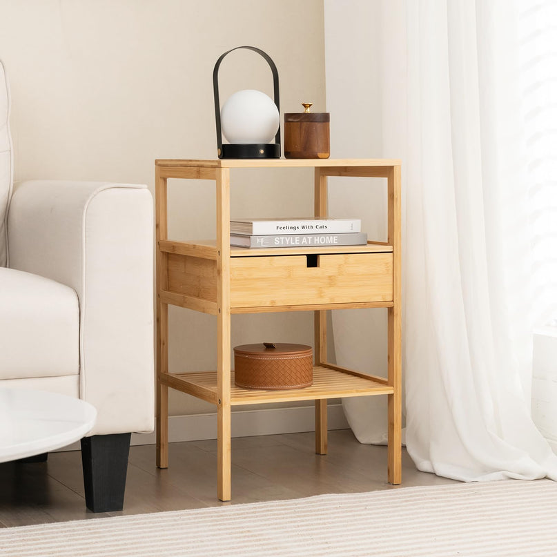 Giantex Nightstand Set of 1/2, Bamboo End Table with Drawer and 2 Open Shelves
