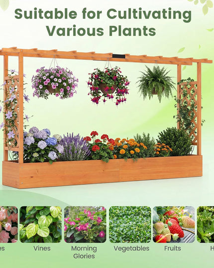 Giantex 45”Fir Wood Raised Garden Bed with Trellis & Hanging Roof