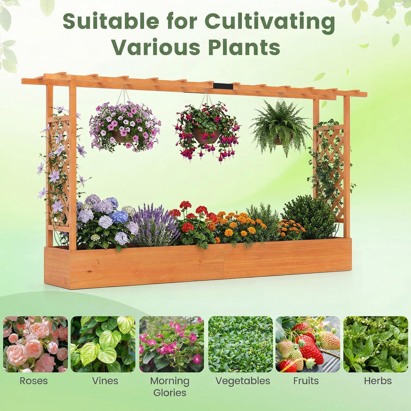 Giantex 45”Fir Wood Raised Garden Bed with Trellis & Hanging Roof