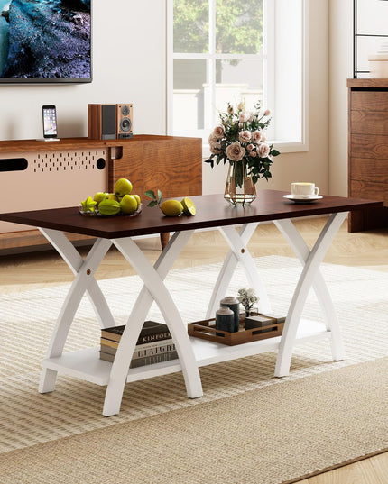 Giantex 2 Tier Wood Center Table with Storage Shelf & X Shaped Support Legs