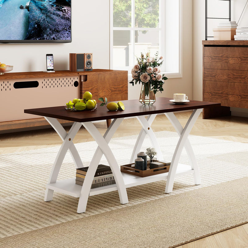 Giantex 2 Tier Wood Center Table with Storage Shelf & X Shaped Support Legs