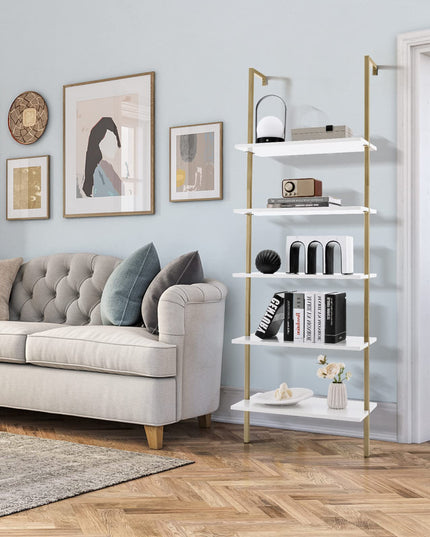 Giantex 5 Tier Modern Wall Mounted Bookshelf, 71'' White and Gold Wood Bookcase with Steel Frame