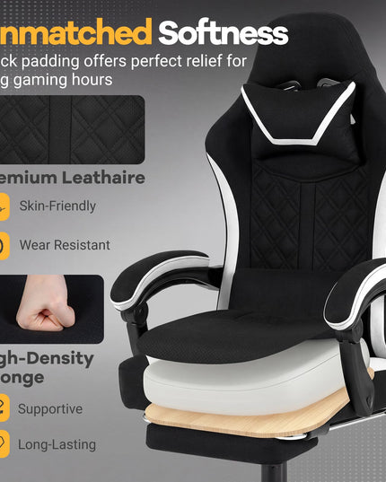 Fauteuil de gaming ergonomique et réglable avec repose-tête, repose-pieds et pivotement à 360°