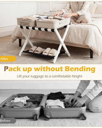 Giantex Folding Luggage Rack | Solid Rubber Wood Suitcase Stand with Storage Shelves (1/2)
