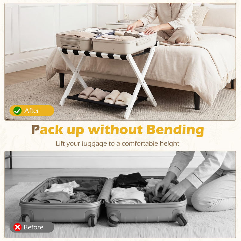 Giantex Folding Luggage Rack | Solid Rubber Wood Suitcase Stand with Storage Shelves (1/2)