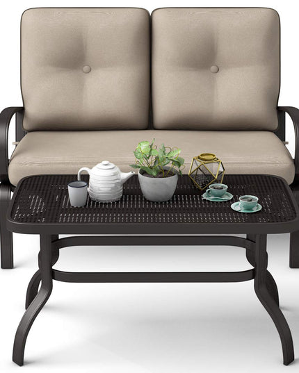 2 Pcs Patio Loveseat with Coffee Table Outdoor Bench with Cushion and Metal Frame