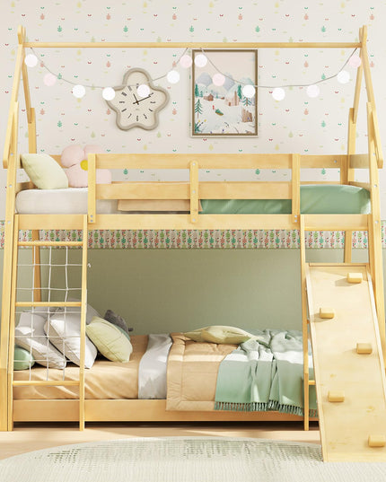 Giantex Twin Over Queen Bunk Bed, Wood House Bunk Bed for Kids with Climbing Nets and Ramp