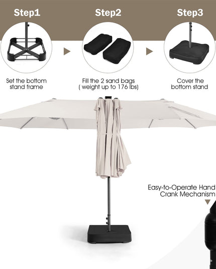 15ft Large Outdoor Umbrella Double-Sided, 48 Solar Lights, Auto-Charging Solar Panel