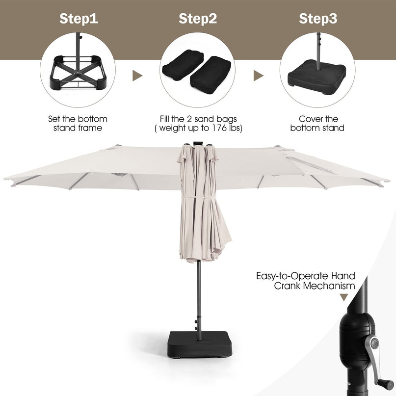 15ft Large Outdoor Umbrella Double-Sided, 48 Solar Lights, Auto-Charging Solar Panel