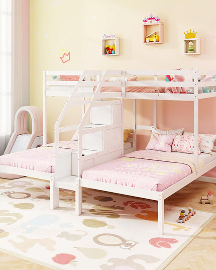 Giantex Lit Superposé Triple (Lits Jumeaux sur Lits Jumeaux et Lits Jumeaux) avec Escalier de Rangement à 4 Marches, 3 Lits Superposés en Bois pour Enfants et Adolescents