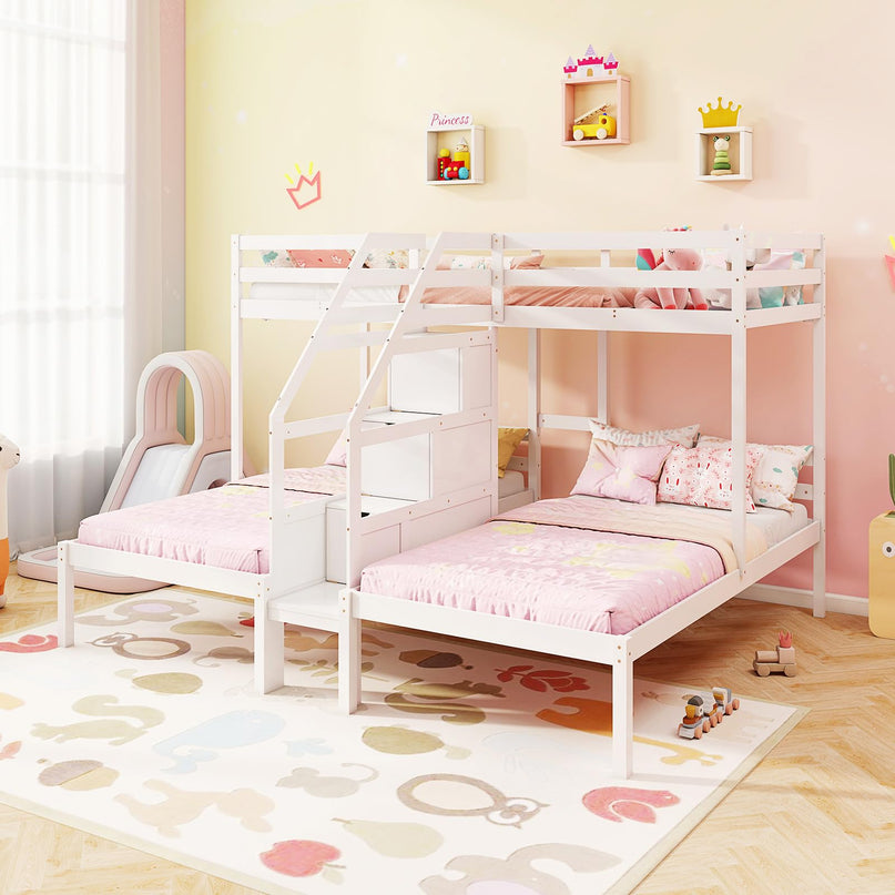 Giantex Lit Superposé Triple (Lits Jumeaux sur Lits Jumeaux et Lits Jumeaux) avec Escalier de Rangement à 4 Marches, 3 Lits Superposés en Bois pour Enfants et Adolescents