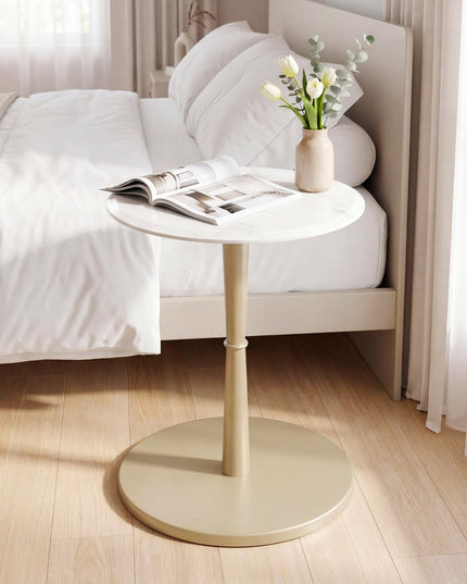 Giantex Round Marble Side Table w/Stone Finish & Wooden Pedestal (1/2)