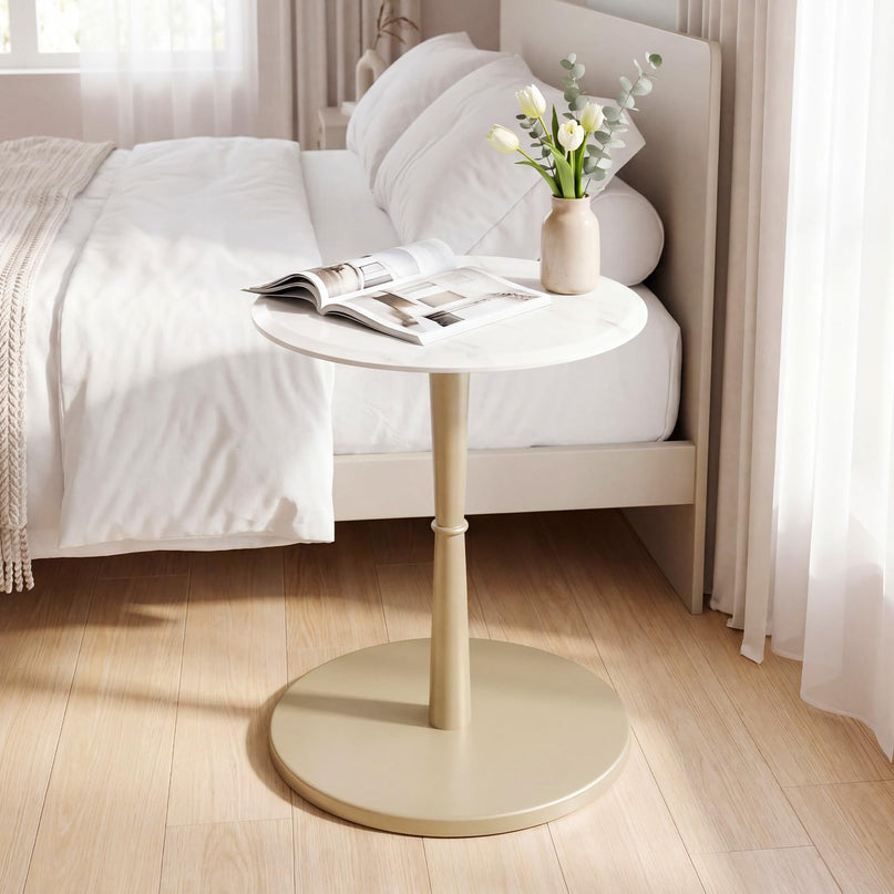 Giantex Round Marble Side Table w/Stone Finish & Wooden Pedestal (1/2)
