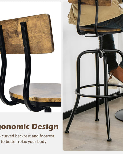 Industrial Bar Stool, Vintage Adjustable Swivel Counter Height Kitchen Dining Chair with Arc-Shaped Backrest