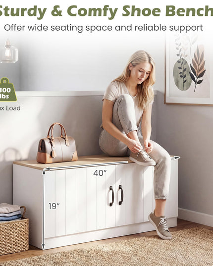 Giantex 2-Door Shoe Storage Bench with Storage & Adjustable Shelves 300 lbs Max Load