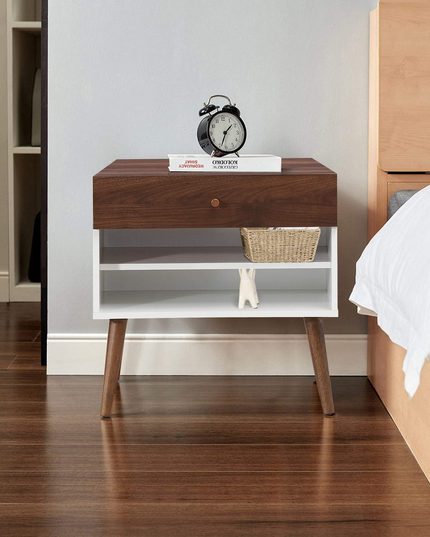 Nightstand with Drawer and Storage Shelves & Rubber Wood Legs, Brown&White