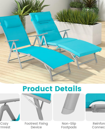 Giantex Folding Chaise Lounge Chair - Outdoor Reclining Chair with Removable Seat Cushion, Headrest Pillow
