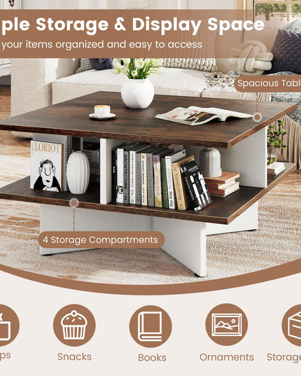 Giantex Square Coffee Table with 4 Storage Compartments & Cross Shape Base