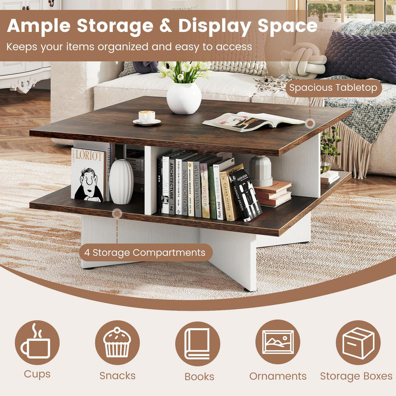 Giantex Square Coffee Table with 4 Storage Compartments & Cross Shape Base