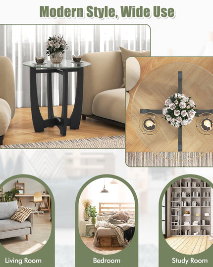 Giantex Glass End Table, Round Side Table with Rubber Wood Frame & Tempered Glass Top, 23.5" Small Black Coffee Table