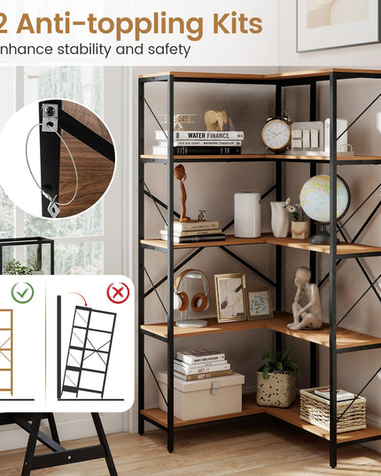 GIANTEX 5-Tier Corner Bookshelf | L-Shaped Large Bookcase with Metal Frame
