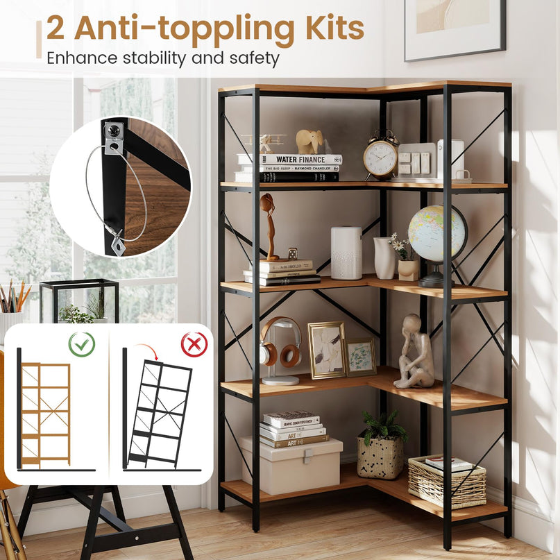 GIANTEX 5-Tier Corner Bookshelf | L-Shaped Large Bookcase with Metal Frame