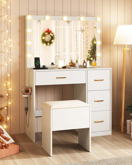 CHARMAID White Vanity Desk with Mirror and Lights | Modern Bedroom Dressing Table
