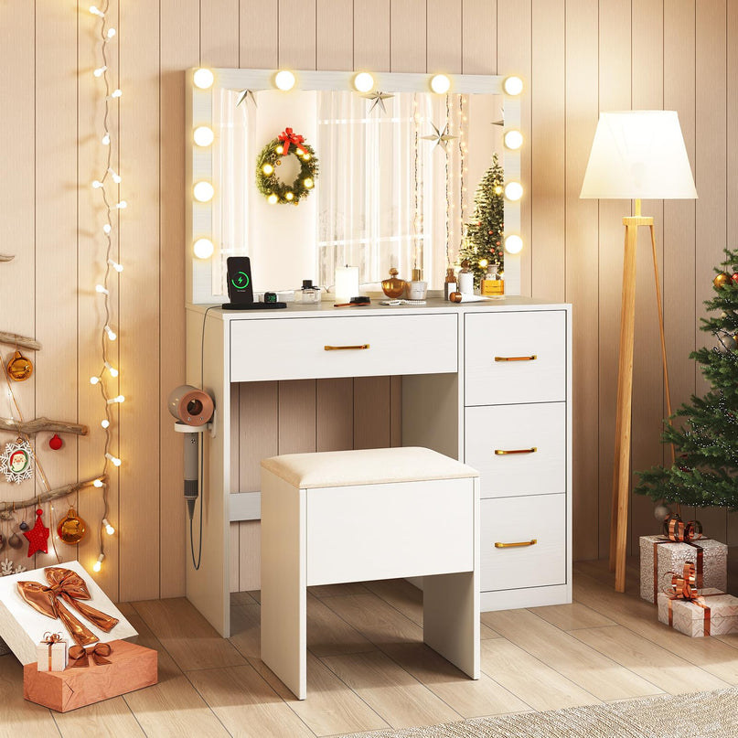 CHARMAID White Vanity Desk with Mirror and Lights | Modern Bedroom Dressing Table