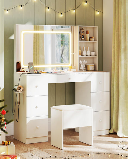 Large Vanity Desk with Lighted Mirror for Bedroom