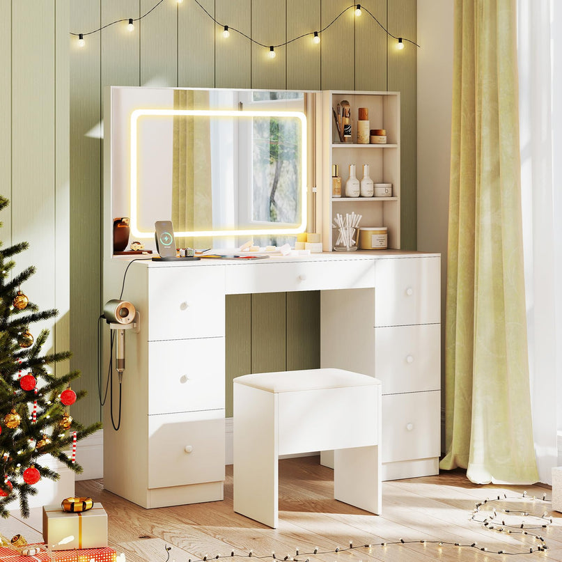Large Vanity Desk with Lighted Mirror for Bedroom