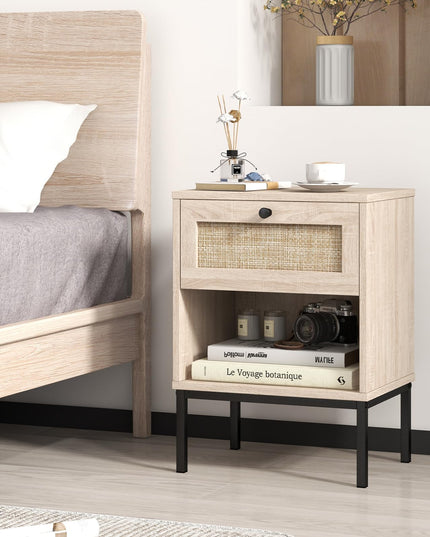Giantex Rattan Nightstand with Drawer, Boho Side Table with 4 Metal Legs and Open Storage Shelf