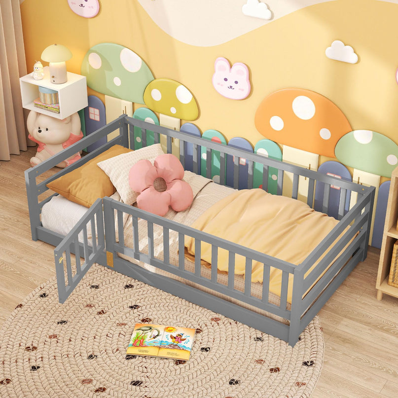 Giantex Twin Floor Bed with High Fence & Door