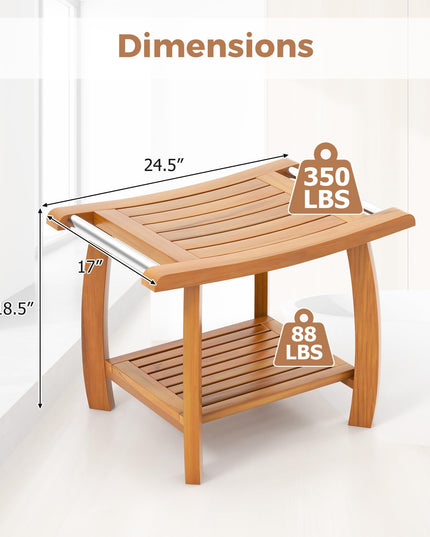Gaintex Teak Shower Bench with Handles and Storage Shelf, Teak Shower Stool for Shaving Legs, Non-Slip Foot Pads