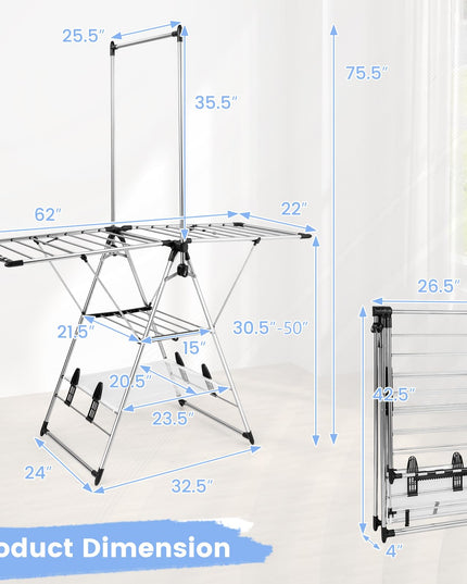 Giantex Clothes Drying Rack, Aluminum Foldable Laundry Drying Rack with with 6-Level Adjustable Height