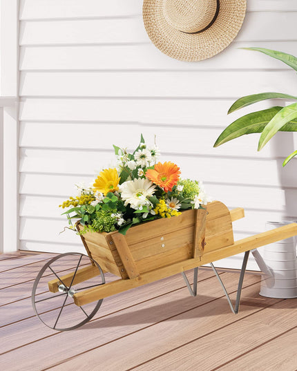 Giantex Wooden Wagon Planter, Small Wheelbarrow Wagon Flower, Indoor & Outdoor Raised Bed