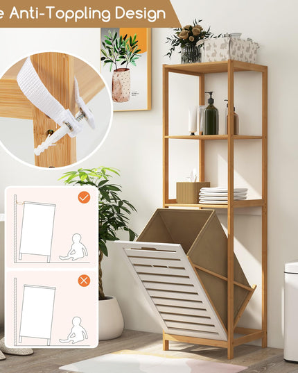 Meuble à Linge Inclinable Giantex - Meuble de Rangement pour Linge avec 3 Étagères, Panier à Linge Amovible