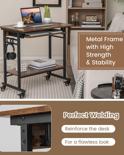 Giantex Mobile Computer Desk, Rolling Writing Desk with Keyboard Tray, Shelf & 3 Hanging Hooks, Rustic Brown & Black