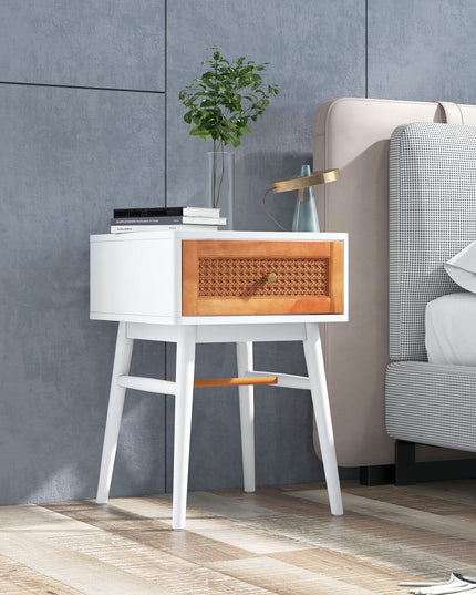 Giantex Rattan Nightstand, Boho End Side Table with Rattan Decorated Storage Drawer & Solid Wood Legs