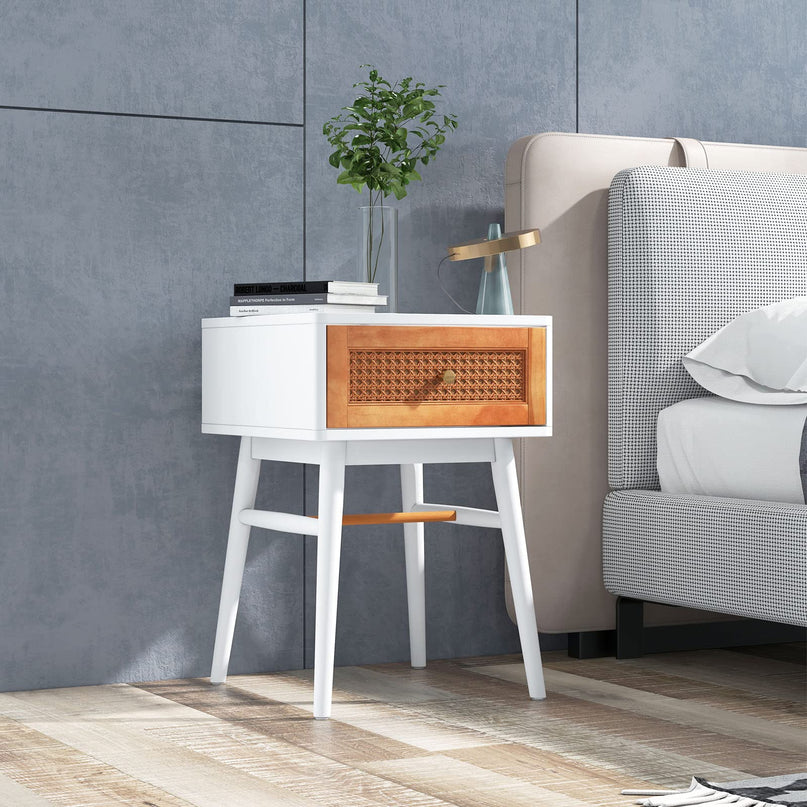Giantex Rattan Nightstand, Boho End Side Table with Rattan Decorated Storage Drawer & Solid Wood Legs