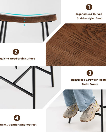 Industrial Saddle Stool with Footrest, Metal Legs, Adjustable Foot Pads, Backless Counter Height Chair for Living Room Kitchen Bar