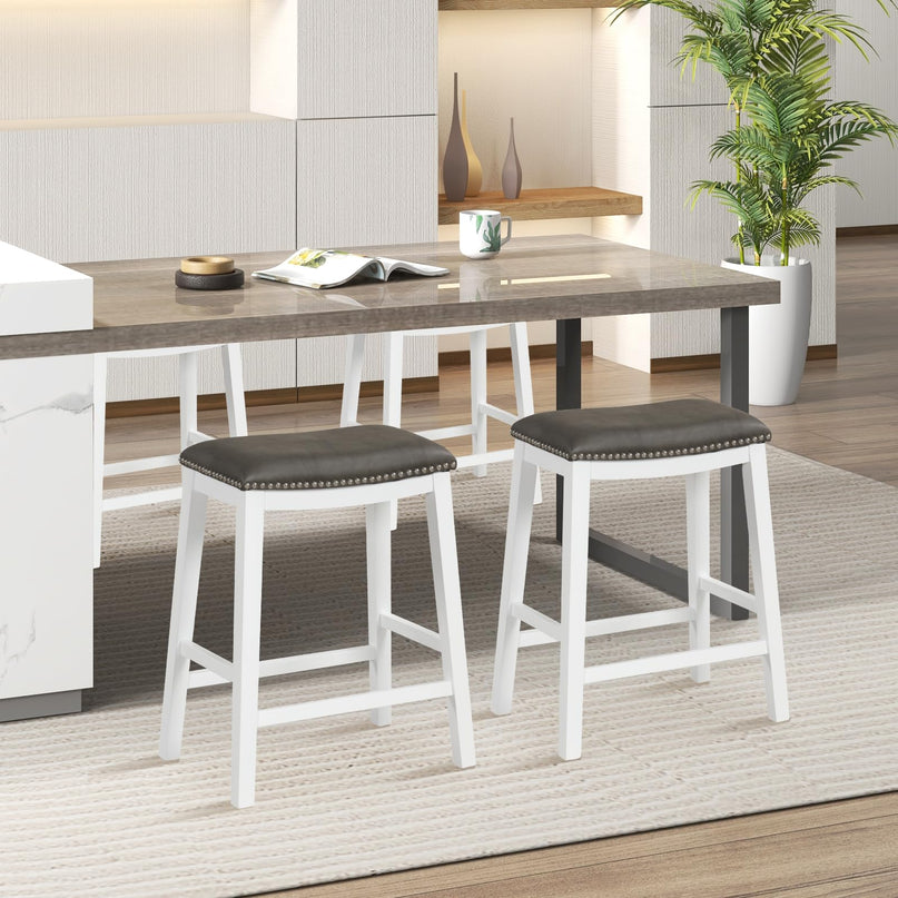 Giantex 26" Counter Height Bar Stools Set of 2, Faux PVC Leather Farmhouse Barstools w/Padded Seat