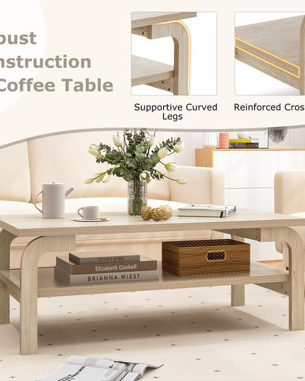 Giantex 2-Tier Coffee Table with Storage, 47” Mid Century Rectangle Accent Table with Open Shelf