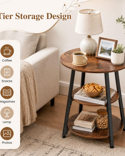 GIANTEX Round Industrial Side Table with Storage Shelves